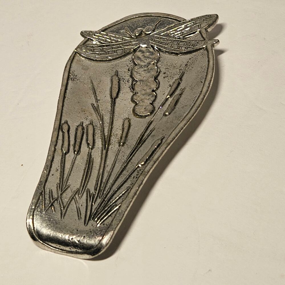 Vintage TAW Pewter Dragonfly Cattails Trinket Tray Dish